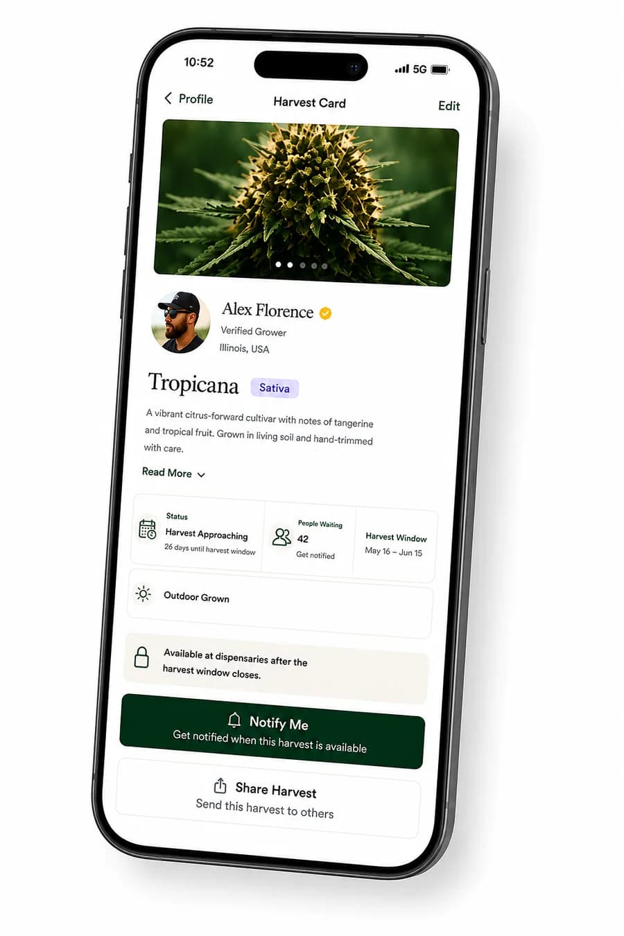 The Harvest Card for Alex Florence's Tropicana, showing status, harvest window, and Notify Me / Share Harvest actions